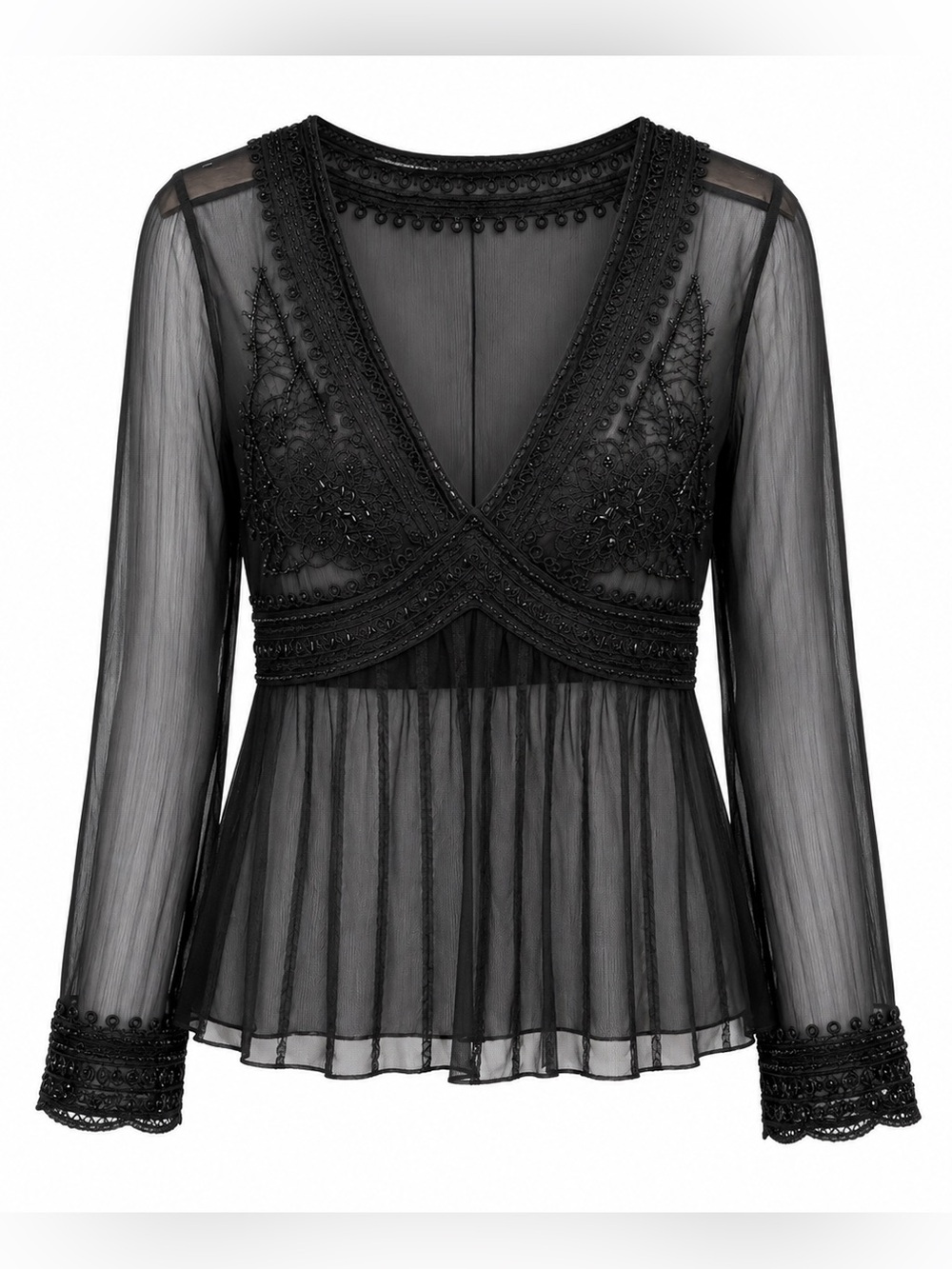 E by ECI Black Sheer Mesh Blouse Size 6 Beaded Crochet Lace V-Neck Whimsigoth